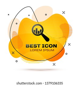 Black Magnifying glass and data analysis icon isolated on white background. Fluid color banner. Vector Illustration