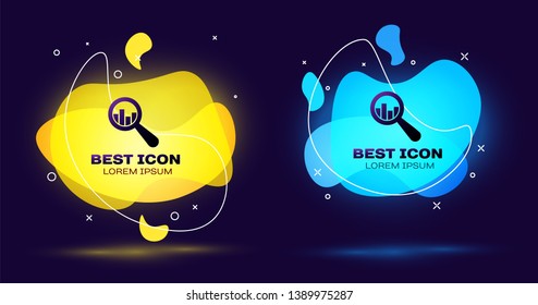 Black Magnifying glass and data analysis icon isolated. Set of liquid color abstract geometric shapes. Vector Illustration