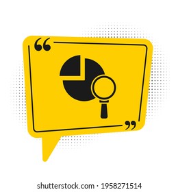 Black Magnifying glass and data analysis icon isolated on white background. Yellow speech bubble symbol. Vector