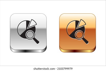 Black Magnifying glass and data analysis icon isolated on white background. Search sign. Silver and gold square buttons. Vector
