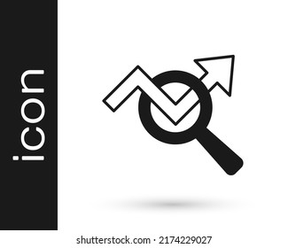 Black Magnifying glass and data analysis icon isolated on white background. Search sign.  Vector