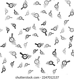 Black Magnifying glass and data analysis icon isolated seamless pattern on white background. Search sign.  Vector