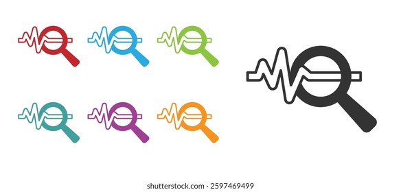 Black Magnifying glass and data analysis icon isolated on white background. Search sign. Set icons colorful. Vector