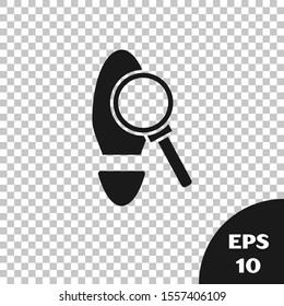 Black Magnifying glass with footsteps icon isolated on transparent background. Detective is investigating. To follow in the footsteps.  Vector Illustration