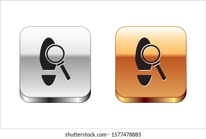 Black Magnifying glass with footsteps icon isolated on white background. Detective is investigating. To follow in the footsteps. Silver-gold square button. Vector Illustration