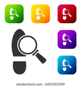 Black Magnifying glass with footsteps icon isolated on white background. Detective is investigating. To follow in the footsteps. Set icons in color square buttons. Vector