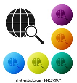 Black Magnifying glass with globe icon isolated on white background. Analyzing the world. Global search sign. Set icons colorful circle buttons. Vector Illustration