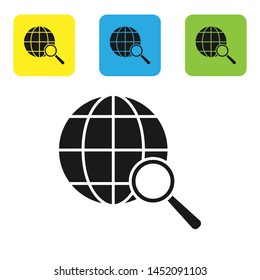 Black Magnifying glass with globe icon isolated on white background. Analyzing the world. Global search sign. Set icons colorful square buttons. Vector Illustration