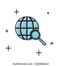 Black Magnifying glass with globe icon isolated on white background. Analyzing the world. Global search sign.  Vector Illustration