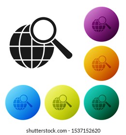 Black Magnifying glass with globe icon isolated on white background. Analyzing the world. Global search sign. Set icons colorful circle buttons. Vector Illustration