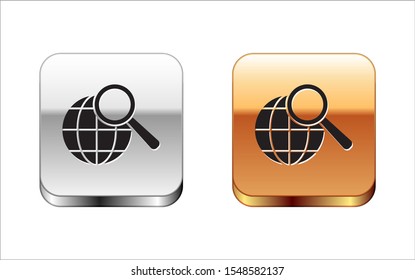 Black Magnifying glass with globe icon isolated on white background. Analyzing the world. Global search sign. Silver-gold square button. Vector Illustration
