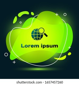 Black Magnifying glass with globe icon isolated on black background. Analyzing the world. Global search sign. Abstract banner with liquid shapes. Vector Illustration