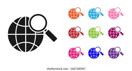 Black Magnifying glass with globe icon isolated on white background. Analyzing the world. Global search sign. Set icons colorful. Vector Illustration