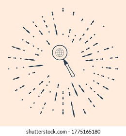 Black Magnifying glass with globe icon isolated on beige background. Analyzing the world. Global search sign. Abstract circle random dots. Vector Illustration