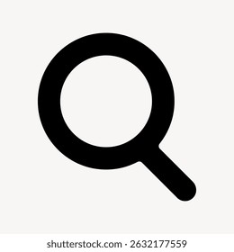 Black magnifying glass icon on a white background. Simple magnifying glass design, ideal for search or zoom functions. Minimalist magnifying glass illustration. User interface icon vector.