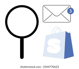 Black magnifying glass icon, a simple mail envelope with three notifications, and a blue and white shopping bag. Ideal for online shopping communication notifications search and email alerts. Clean