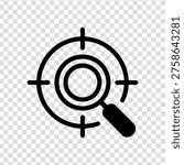 A black magnifying glass icon with a target symbol on a transparent gray and white checkered background, representing search and investigation