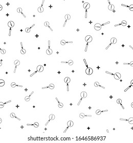 Black Magnifying glass and information icon isolated seamless pattern on white background. Search with information sign.  Vector Illustration
