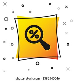 Black Magnifying glass with percent discount icon isolated on white background. Discount offers searching. Search for discount sale sign. Yellow square button. Vector Illustration