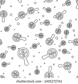 Black Magnifying glass with percent discount icon isolated seamless pattern on white background. Discount offers searching. Search for discount sale sign. Vector Illustration