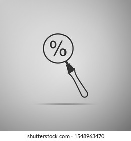 Black Magnifying glass with percent discount icon isolated on grey background. Discount offers searching. Search for discount sale sign. Flat design. Vector Illustration