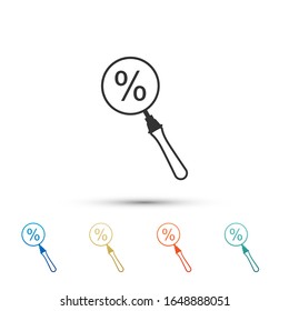 Black Magnifying glass with percent discount icon isolated on white background. Discount offers searching. Search for discount sale sign. Color set icons. Vector Illustration
