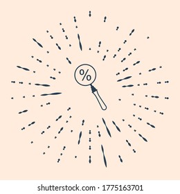 Black Magnifying glass with percent discount icon isolated on beige background. Discount offers searching. Search for discount sale sign. Abstract circle random dots. Vector Illustration