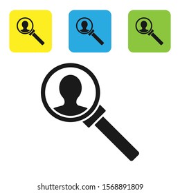 Black Magnifying glass for search icon isolated on white background. Recruitment or selection concept. Search for employees and job. Set icons colorful square buttons. Vector Illustration