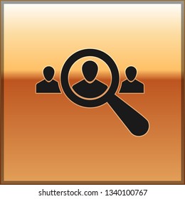 Black Magnifying glass for search a people icon on gold background. Recruitment or selection concept. Search for employees and job, human resource. Vector Illustration
