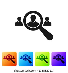Black Magnifying glass for search a people icon on white background. Recruitment or selection concept. Search for employees and job, human resource. Set in color square buttons. Vector Illustration