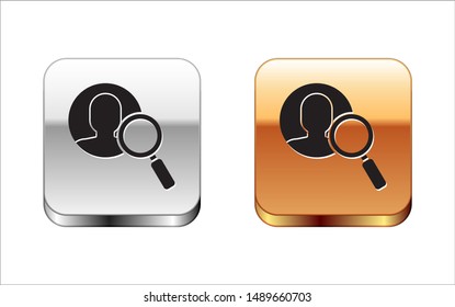 Black Magnifying glass for search a people icon isolated on white background. Recruitment or selection concept. Search for employees and job. Silver-gold square button. Vector Illustration