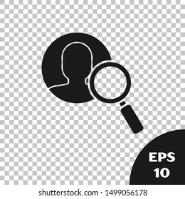 Black Magnifying glass for search a people icon isolated on transparent background. Recruitment or selection concept. Search for employees and job.  Vector Illustration