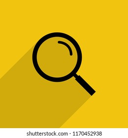 Black magnifying glass with shadow in flat style, vector icon on yellow background. Search icon