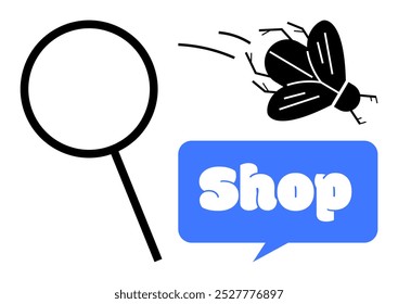 A black magnifying glass symbol, a buzzing black insect, and a speech bubble with the word Shop in white, placed on a blue background. Ideal for e-commerce, search engines, advertisements, online