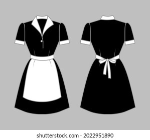 Black maid uniform with a white apron, collar and cuffs. Front and rear view. Vector illustration of an isolated background.