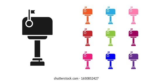 Black Mail box icon isolated on white background. Mailbox icon. Mail postbox on pole with flag. Set icons colorful. Vector Illustration