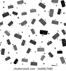 Black Mail box icon isolated seamless pattern on white background. Mailbox icon. Mail postbox on pole with flag.  Vector Illustration
