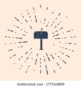 Icono del cuadro Correo negro aislado en fondo beige. Icono de buzón. Postal de correo en el poste con la bandera. Resumen de puntos aleatorios de círculo. Ilustración vectorial