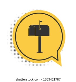 Black Mail box icon isolated on white background. Mailbox icon. Mail postbox on pole with flag. Yellow speech bubble symbol. Vector.