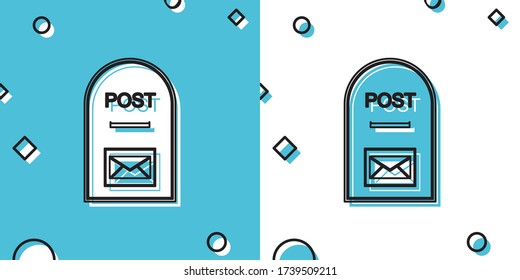 Icono del cuadro Correo negro. Icono de cuadro de mensaje aislado en fondo azul y blanco. Formas dinámicas aleatorias. Ilustración vectorial