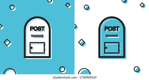 Black Mail box icon. Post box icon isolated on blue and white background. Random dynamic shapes. Vector Illustration