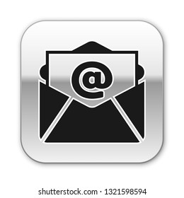 Black Mail and e-mail icon isolated on white background. Envelope symbol e-mail. Email message sign. Silver square button. Vector Illustration