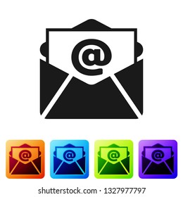 Black Mail and e-mail icon isolated on white background. Envelope symbol e-mail. Email message sign. Set icon in color square buttons. Vector Illustration
