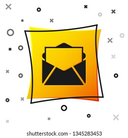 Black Mail and e-mail icon isolated on white background. Envelope symbol e-mail. Email message sign. Yellow square button. Vector Illustration