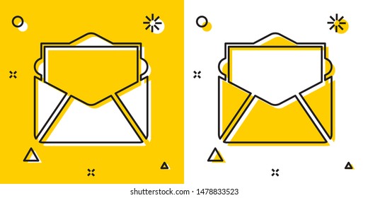Black Mail and e-mail icon isolated on yellow and white background. Envelope symbol e-mail. Email message sign. Random dynamic shapes. Vector Illustration