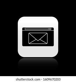 Black Mail and e-mail icon isolated on black background. Envelope symbol e-mail. Email message sign. Silver square button. Vector Illustration
