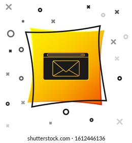 Black Mail and e-mail icon isolated on white background. Envelope symbol e-mail. Email message sign. Yellow square button. Vector Illustration