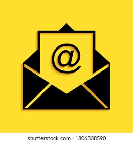 Black Mail and e-mail icon isolated on yellow background. Envelope symbol e-mail. Email message sign. Long shadow style. Vector.
