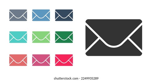 Schwarze Mail und E-Mail-Symbol einzeln auf weißem Hintergrund. E-Mail mit Symbolen umschließen. E-Mail-Nachrichtenzeichen. Stellen Sie die Symbole bunt ein. Vektorgrafik