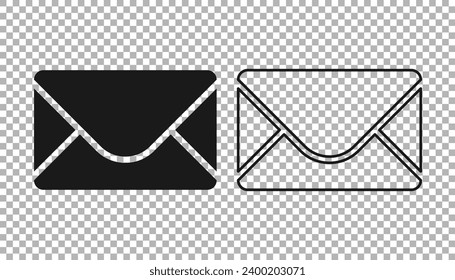 Icono de correo negro y correo electrónico aislado en fondo transparente. Correo electrónico con símbolo de sobres. Señal de mensaje de correo electrónico.  Vector